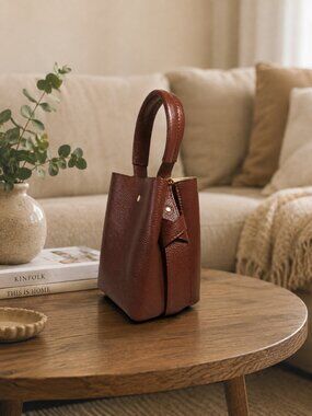 Cognac Italian Leather Bucket Bag, Genuine Leather Handbag, Suede Detail Purse